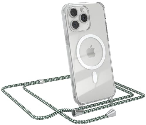 EAZY CASE - Handykette kompatibel mit iPhone 15 Pro Max Kette zum Umhängen Handyhülle für iPhone 15 Pro Max Silikon Hülle mit Band Transparent als Fallschutz in Hellgrün Camouflage - Clips Silber