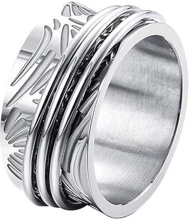 JewelryWe Angst Spinner Ring Damen: 11mm Breite Damen-Ring Edelstahl Fidget Anxiety Ringe Anti Stress Zapple Drehbarer Band Frauen Spinning Angst Ringe mit Gravur Silber Größe 57