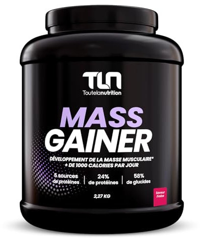 MASS GAINER | Gainer Prise de Masse Musculation | +1500 kcal par jour | 5 Sources de Protéines + 2 Sources de Glucides + MCT | 22 Portions de Boisson Shaker Goût Fraise | 2,27kg | TLN