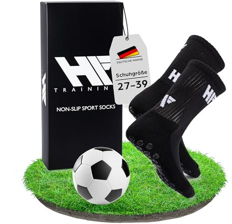 HF Training - 1 Paar Rutschfeste Kindersocken Fußball Socken (Gr. 27-30) Schwarz für Kinder, Jungen & Mädchen - Grip Fussball-Socken für Jugend mit Noppen - Anti-Rutsch Fußballsocken & Sportsocken