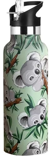 Xinvast Koala, Borraccia termica per bambini con coperchio con cannuccia, a tenuta stagna, isolata, in acciaio inox, per sport, palestra, attività all'aperto, 590 ml, verde