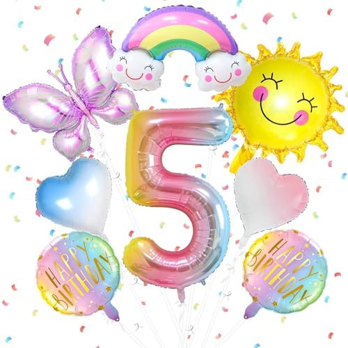 8 Stück 5 Jahre Schmetterlinge Luftballons Geburtstagsdeko mit Band 5 Jahre Mädchen Folienballon Sonne Schmetterling Ballon Kindergeburtstag Deko Happy Birthday Decorations Themenparty Dekoration