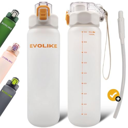 Evolike Trinkflasche Sport 1l mit Strohhalm 2-in-1 für Sport & Alltag | Auslaufsicher BPA-frei Rutschfest mit Skala & Griff | nicht spülmaschinengeeignet (Weiß)