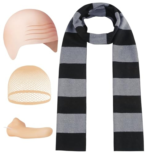 HEYFIZZ Halloween-Kostüm-Accessoires für Erwachsene, schwarz-grau gestreifter Schal, falsche Nase, Glatzenmütze für Herren, Cosplay-Set, 4 Stück