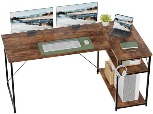 TRIUMPHKEY 160 * 80cm L Shaped Computer Desk with Reversible Large Storage Shelves, Corner Desk Computer Workstation Matching Under Desk Height Adjustable Storage, Home Office Work Table Brown