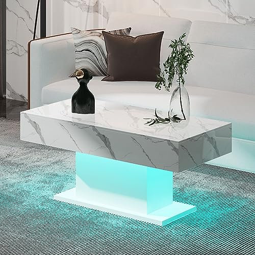 KEEPREAPER Modern Coffee Table for Living Room, Living Room Table Rectangular Center Table, High Glossy Wooden Coffee Tables with 16 Colors LED Lights for Dining Reception Room, White Marble