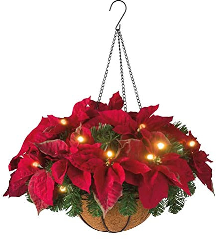 Pre Lit Christmas Hanging Basket with LED Lights, Artificial Flocked Berry Pine Cones Mixed Decorations Christmas Garland for Outdoor Yard Decor