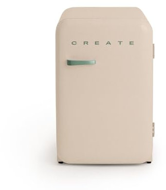 CREATE / RETRO FRIDGE 83.5 SAGE/Kühlschrank in Sand, Griff Salbeigrün / 98W, niedriger Verbrauch, 2 Ablagen, Temperaturregler, Flaschenhalter, 56x54x84cm