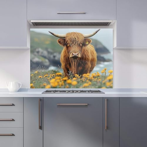 Premium Highland Cow By The Coast Kitchen Splashback 6mm Toughened Glass Kitchen Splashback – Heat Resistant Splashback for Kitchens, Perfect for Cookers and Hobs, Polished Edges
