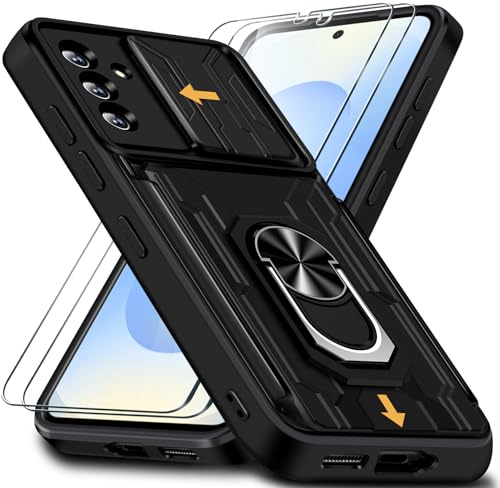 für Samsung Galaxy S25 Hülle mit Kameraschutz & Kartenschlitz, Schutzhülle Galaxy S25 mit 2 Schutzfolie, 360° Metall Ring Ständer Stoßfest Bumper Case