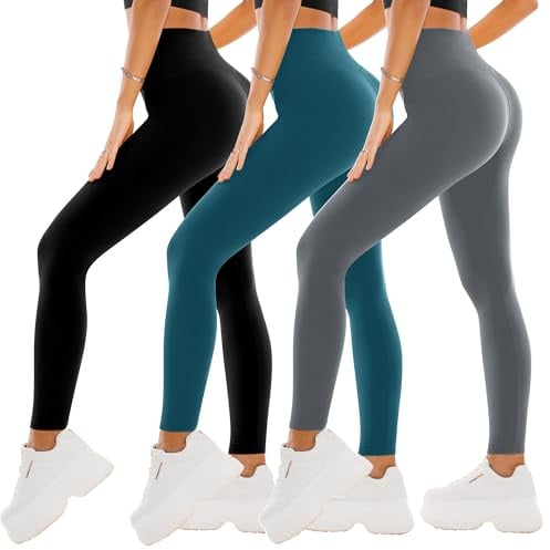 SINOPHANT 3 Pack Leggings for Women - High Waisted Buttery Soft Yoga Pants for Workout Athletic Sports, Black/Grey/Teal, XXL