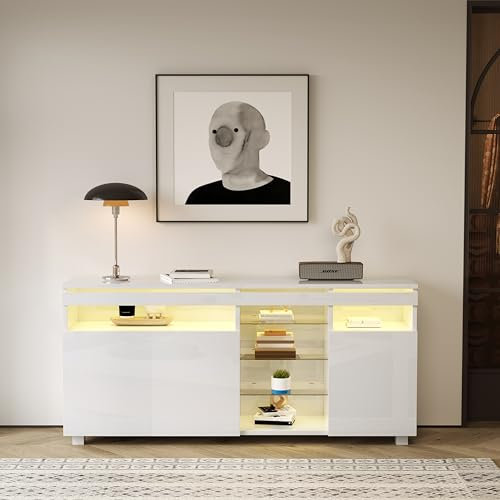 Azkoeesy Moderner Sideboard, TV-Schrank, 155 cm, Hochglanz weiß, mit LED-Beleuchtung und Glasböden, 3 Türen, Buffetschrank, Wohnzimmerschrank mit Viel Stauraum