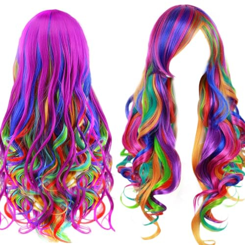 MQIAN Regenbogen Perücke, Regenbogen Kostüm Damen, Perücke Damen Fasching, 28 Zoll/70 cm Perücke Bunt, Karneval Perücke Damen, Lang Locken Perücke Regenbogen für Cosplay Fasching Kostüm