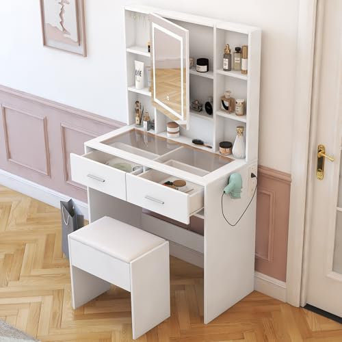 Karl home White Dressing Table with LED Mirror and Stool Set, Vanity Table w/Jewelry Hook & Charging Socket, Transparent Glass Tabletop Makeup Desk with 2 Drawers & Shelves for Bedroom Organiser