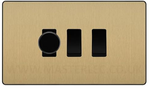BG Evolve Satin Brass 3 Gang Custom Grid Switch 1x LED Dimmer 2x 2 Way