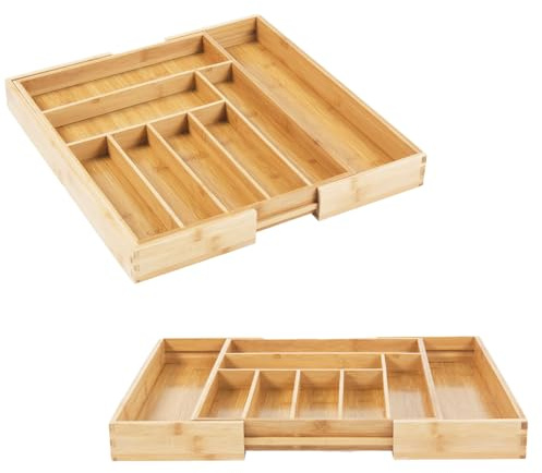 Green Blue GB379 Bambus-Besteckkasten für Schubladen - 2-er Pack, Ausziehbarer Organizer von 32,5 bis 50cm verstellbare Breite, Besteckhalter, 325-500x430x50mm 2 Stück
