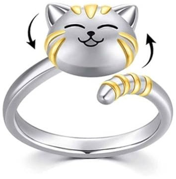 FDCGAS Niedliche Katze als Haustier,Süßer Ring zur Linderung von Angst und Katze,Tier,offen,verstellbarer Ring,Sterlingsilber,Sorge,Stress,lindert Langeweile, ADHS, stapelbar, Fingerversprechen