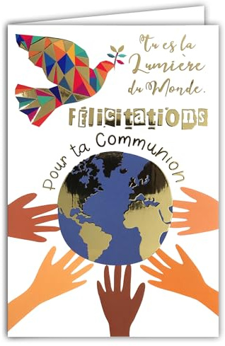 68-6007 Carte Félicitations pour ta Communion Garçon Fille Chrétien(ne) Catholique Colombe de la Paix en Or Doré Esprit Saint Planète Terre - Avec Enveloppe Blanche Format 12x17,5cm Fabriqué en France