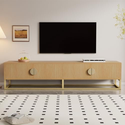 Tv Schrank 180 cm Lang, Fernsehtisch Holz und Metall, Lowboard mit 4 Türen für TV-Geräte bis zu 70, Sideboard Fernsehschrank Fernsehtisch TV Möbel Tisch Board Wohnzimmer, Schlafzimmer (Holzfarbe)