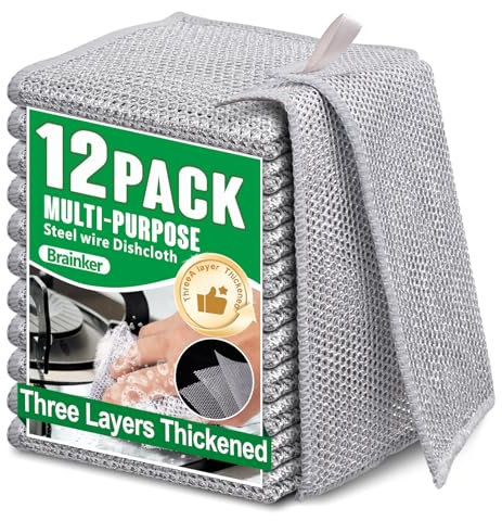 12 paños de cocina de alambre antiarañazos multiusos reutilizables de 3 capas de lana de acero, trapos de limpieza de alambre para lavavajillas, trapos de metal milagroso para cocina, muebles de