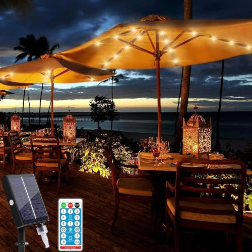 SUAVER Solar Lichterkette 104LED Solar Sonnenschirm Beleuchtung mit Fernbedienung,8 Modi LED Sonnenschirm Lichter,Wasserdichte Gartenleuchten Deko Licht für Garten Strand Party (Warmweiß)
