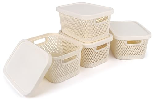 Spesh 4 Pcs Storage Boxes with Lids 3.5L Small Storage Baskets Stackable Plastic Storage Boxes for Home Office Cupboard(White, 24 * 17 * 12cm)