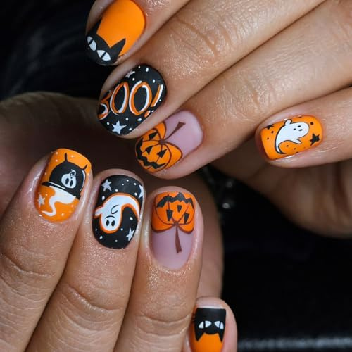 Halloween Fake Nails - 24Pcs Short Square False Nails - Ghost,Pumpkin & Cat Designs Stick on Nails for Women - Long Lasting,Not Easy to Fall Off - Harmless,Reusable,Light Soft & Easy to Fit