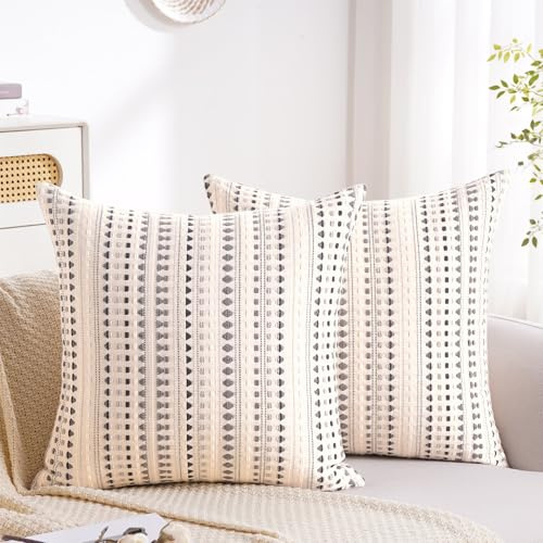 Habodd 2er Set Boho Kissenbezug 40x40 Baumwolle Leinen Kissenhülle Grau Beige Sofakissen Punkt Gestreift Strukturiert Netural Dekokissen Kissenbezüge für Sofa Wohnzimmer Schlafzimmer Outdoor Kissen