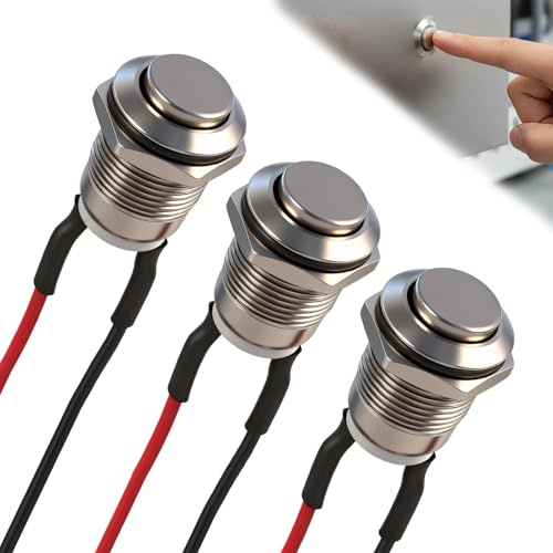 3 Pezzi Pulsantes Rotondo 12mm Precablato, Pulsante Acciaio Inossidabile, Interruttore Autobloccante, 220V Pulsante con Cavi per Quadro Elettrico PC Auto Barca da Te Avvio Arresto (Testa Alta)