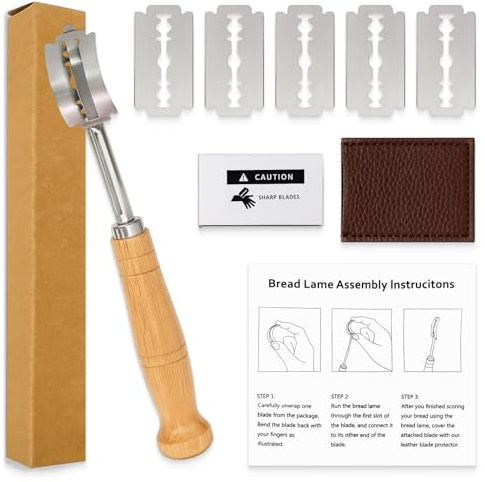 zizitips Cuchillo para Pan 19 CM con 5 hojas de acero inoxidable 06Cr13, mango de madera hecho a mano, funda de cuero, cuchilla panadero profesional para corte de pan, baguettes y panes artesanales