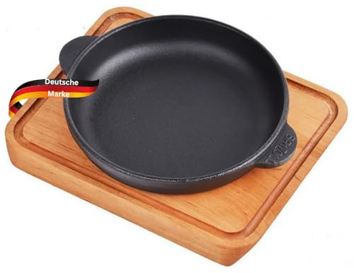 Servierpfanne Gusseisen MODI [MIT HOLZUNTERSETZER] - 18cm ⌀ | Gusseiserne Grillpfanne Gusspfanne rund für Backofen & Grill