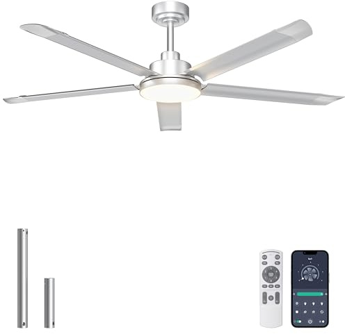 Ohniyou Ventilador de Techo de 152 cm con Luz, Ventiladores de Techo Industrial con Control Remoto/APP, 5 Aspas de Aluminio, Motor DC Silencioso. Ventilador para Salón Terraza Exterior, Garaje, Plata