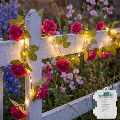Ninonly Efeu Lichterkette Rosen, 2,2m 40 LED Künstlich Rot Rosen Girlande Außen, Wasserdichte Blumen Lichterkette für Innen, Batteriebetrieben Efeu Deko für Garten Balkon Schlafzimmer Hochzeit