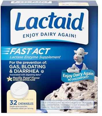 Lactaid Fast Act Lactose Intolerance Relief Chewables with Natural Lactase Enzyme to Prevent Gas, Bloating & Diarrhea Due to Lactose Sensitivity, On-The-Go, Vanilla Twist Flavor, 32 x 1 ct