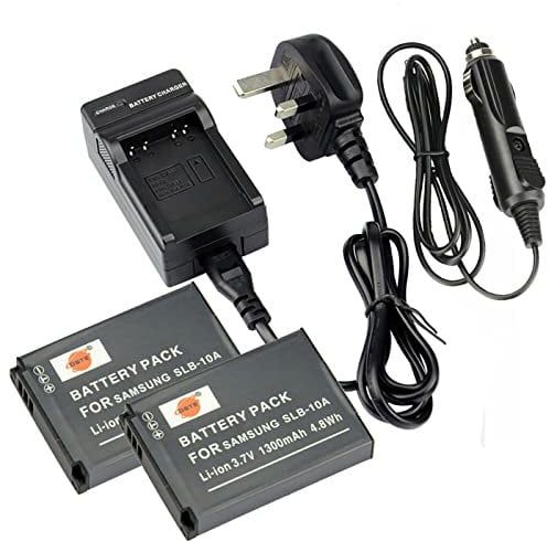 DSTE 2pcs SLB-10A Replacement Li-ion Battery + Charger DC23U for amsung P800, P1000, PL50, PL51, PL55, PL60, PL65, PL70, SL102, SL202, SL310, SL420, SL502, SL620, SL720, SL820, TL9, WB150F, WB250F, WB350F, WB500, WB550, WB750, WB800F, WB850F, WB1100F, WB2100, ES50, ES55, ES60, EX2F, HMX-U10, HMX-U20, HZ10W, HZ15W, IT100, L100, L110, L200, L210, L310W, M100, M110, M310W, NV9 Digital Camera