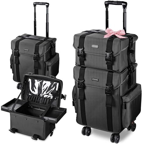 BYOOTIQUE 2in1 Soft Sided Rolling Makeup Train Case Trolley Freelance Makeup Artist Cosmetic Organize Storage Travel Case with Wheels, Classic Black, 2 Piece Set, Large