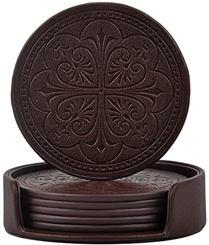 Drink Coasters,PU Leather Bar Beer Beverage Coaster for Drinks Set of 6 with Holder Coasters for Wooden Table Coffee Table Absorbent, Easy Clean Cup Coaster Easter Housewarming Gifts