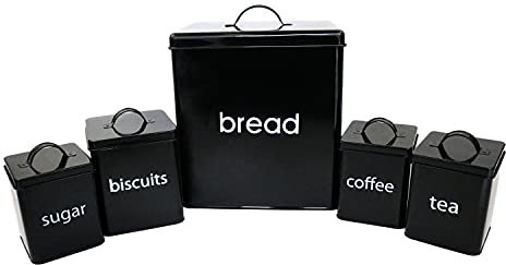 Oypla 5 Piece Black Kitchen Canister Storage Tin Set Bread Biscuits Tea Sugar Coffee