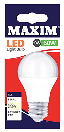 Maxim LED GLS Edison Screw (Cool White) - 10watt (60watt) (Pack 10), 60MLGE27C5X10 | Saves energy with low wattage consumption, replacing a standard 60W bulb while offering instant full-brightness illumination.