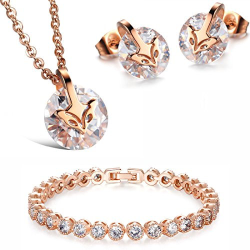 Kim Johanson Edelstahl Damen Schmuckset Fuchs in Roségold Halskette mit Anhänger, Ohrringe & Armband inkl. Schmuckbeutel
