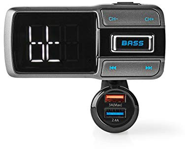 Nedis - Kfz Audio FM Transmitter - Schwanenhals - 2.0 - Schnellladung - Bass Boost - LED Bildschirm - Bluetooth® - Stimmkontrolle - Schwarz/Grau