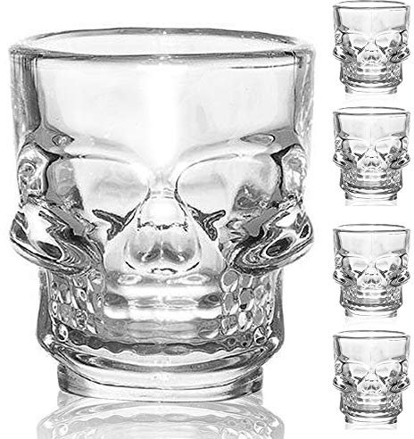 FLOW Barware Set di 4 bicchierini con teschio | Bicchieri da shot da 25 ml e 50 ml | Bicchierini per feste di Halloween | Set di bicchieri con teschio pressato durevole