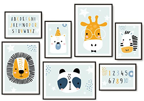 Hyggelig Home Premium Poster Set - 7 Kinder Bilder - Baby Tiere ABC 123 - Set Giraffe
