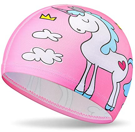 Gorro de Natación para Niños Gorro de Baño de Unicornio Gorro de Piscina Elástica para Niñas 1-8 Años Pelo Largo y Corto