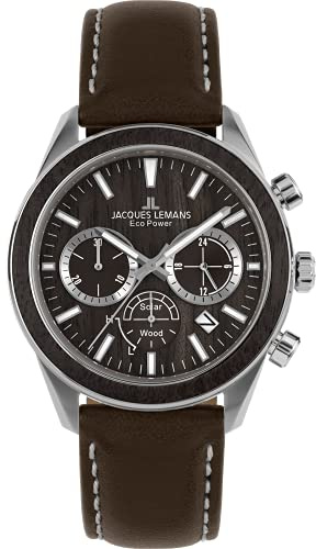 JACQUES LEMANS Herrenuhr, Eco Power Uhren Männer, Chronograph aus massivem Edelstahl mit Apfel-Leder Armband, Model 1-2115