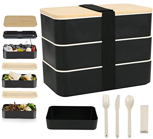 URCheers Lunchbox Bento Box Japanisch, Brotdose Ideal für Die Kinder & Erwachsene, Bpa Frei, mit 3 Teiligem Auslaufsichere Boxen mit Trennwand Besteck, Spülmaschinenfest (1800mm Drei Etagen)