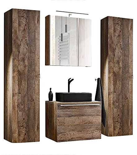 Lomadox Badmöbel Komplett Set, Vintage Oak Eiche, 60cm Waschtischunterschrank & Keramik-Waschtisch & LED-Spiegelschrank