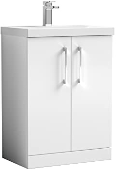 nuie ARN103D Arno Modern Bathroom Floor Standing 2 Door Vanity Unit with Thin-Edge Ceramic Basin, Gloss White