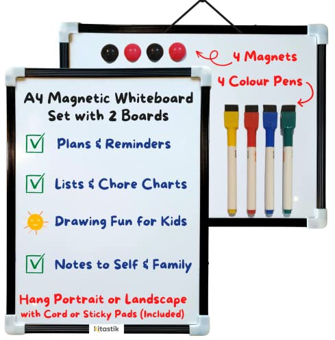 KITASTIK Set of 2 Small A4 Magnetic Whiteboard with Dry Wipe Erase Colour Pens and Magnets | Kitchen Memo Board Family Chores Week Planner | Mini Magnetic White Drawing Board for Kids Wall or Fridge