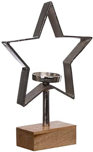 Brandsseller Deko Metall Stern mit Kerzenhalter auf Holzpodest Weihnachtsdeko Weihnachtsstern Kerzenleuchter Kerzenständer Silber